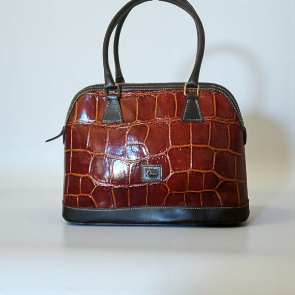 Dooney & Bourke Croco Embossed Leather Domed Satchel Bag Cognac Brown Tmoro VTG - Picture 1 of 16